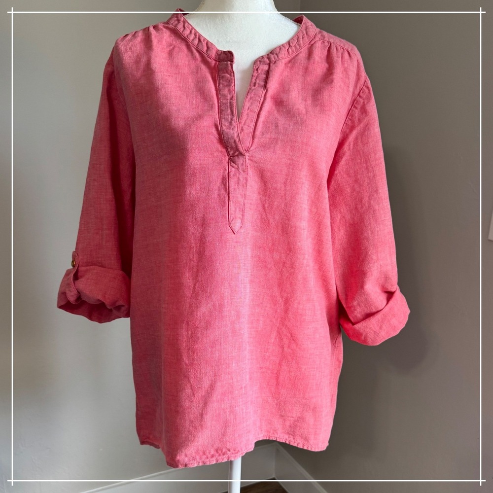 Ellen Tracy Linen Tunic Top Coral Pink Roll Tab Sleeve Split Neck Womens XL